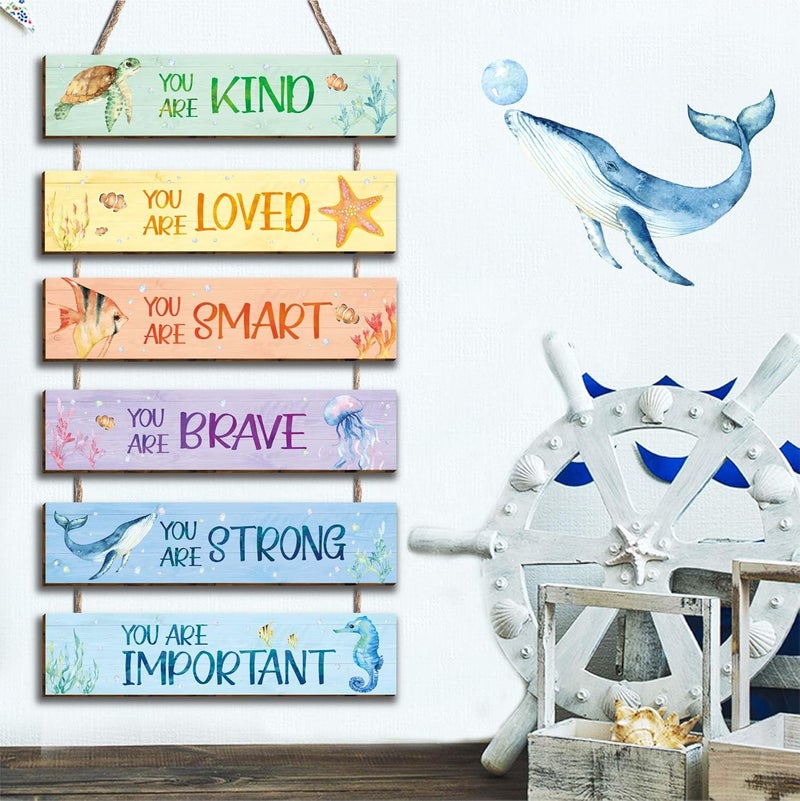 HIWERAN 6 Pieces Ocean Decor Kids Room Decor, Watercolor Ocean Inspirational Wall Art Decor for Teens Children Bedroom Princess Toddler Room, Works of art Made of Wood, Works of Art of Wood, Placards of Woods - Image 4